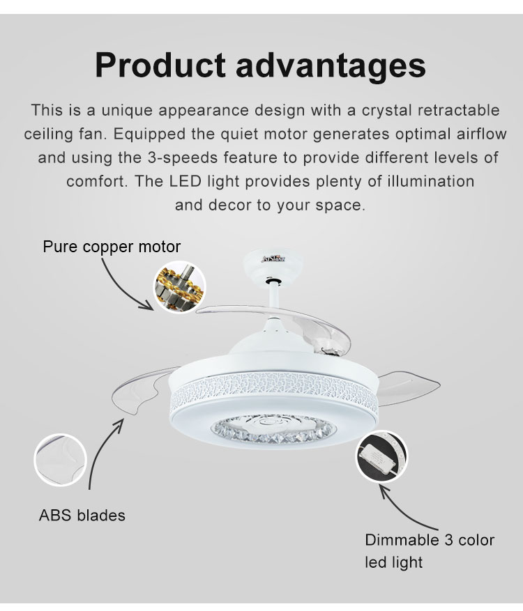 Low Watt Elegant White Color Retractable Ceiling Fan Light with Crystal Lampshade