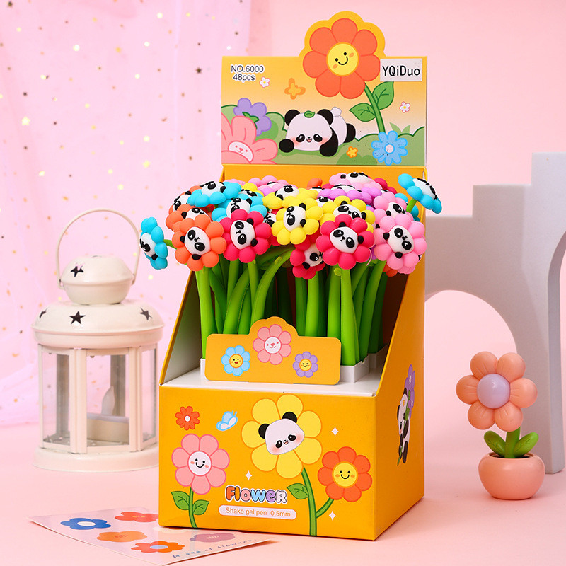 Panda Flower Pens Rose Shaped Ballpoint Pen Creative Liquid Black 0.5mm Gel Ink Rollerball Pen For Girls Women, Office School Decoration Supplies