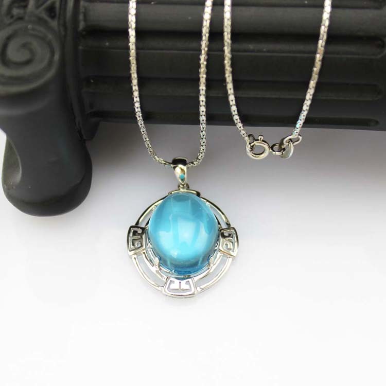Sterling Silver Oval Dome Created Blue Topaz Cubic Zirconia Pendant Silver Chain (PSJ0359)