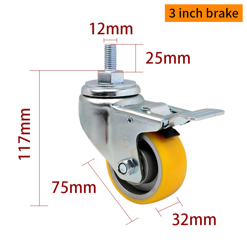 EDL Medium Duty 3inch 150kg Yellow TPU Threaded Caster by Swivel and Brake type 503S-86A