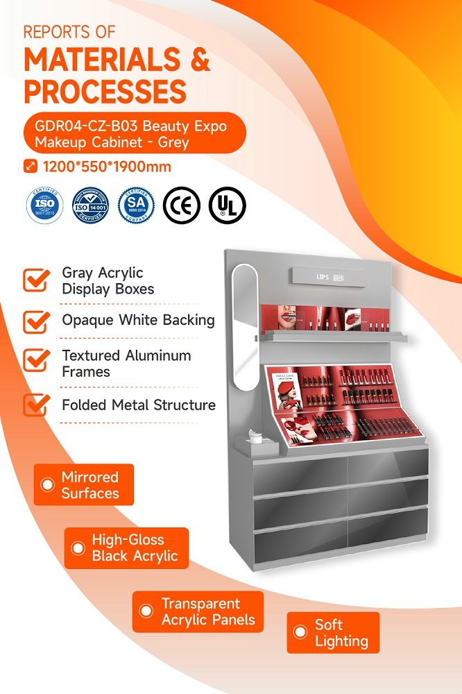 GDR04-CZ-B03 Beauty Display Rack with Soft LED Lighting and Mirrored Surfaces for Retail Counters