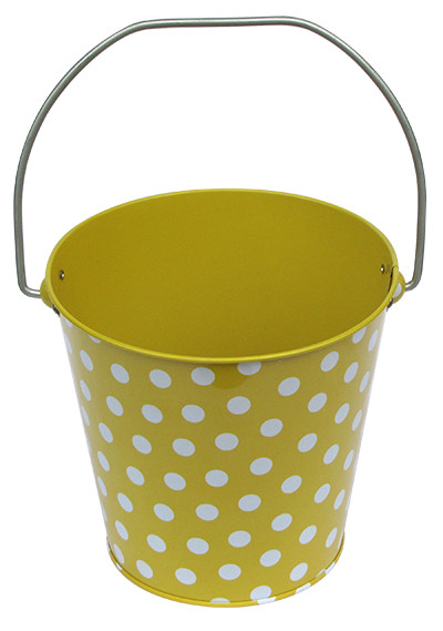 Recyclable Metal Tin Bucket With Handle And White Dots On Body , Solid Color Inside