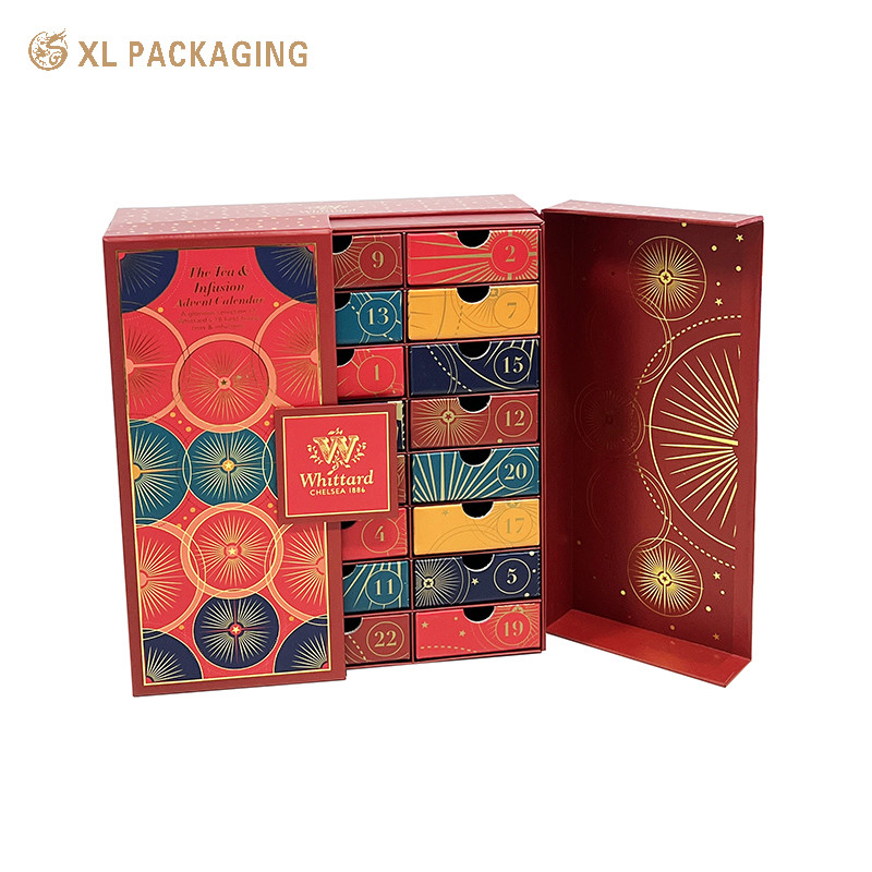 OEM 24 Drawer Advent Calendar Box Tea Bag Hot Chocolate Bag Hot Coffee Calendar Paper Box For Gift
