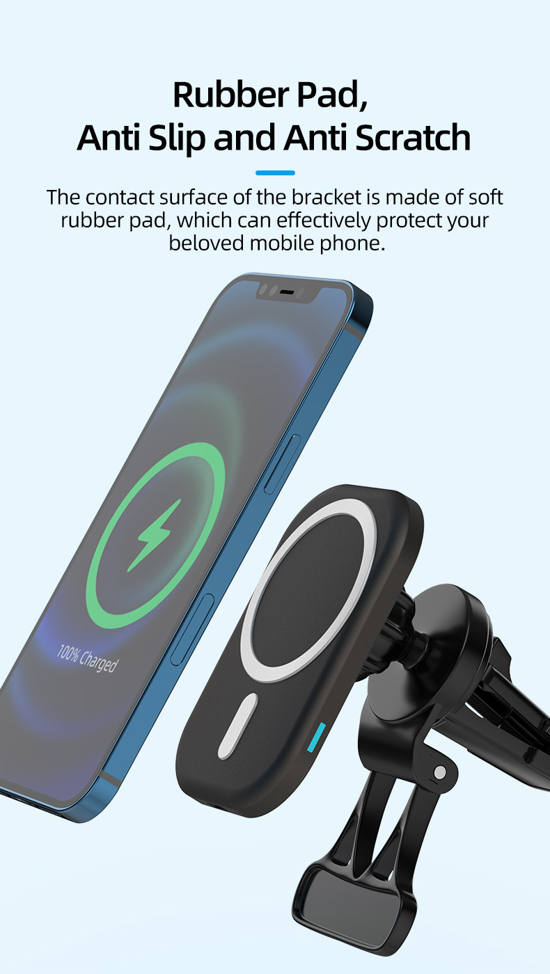 15W Magnetic Wireless Car Charger Air Vent Mounting with ABS Silicone Gel Material