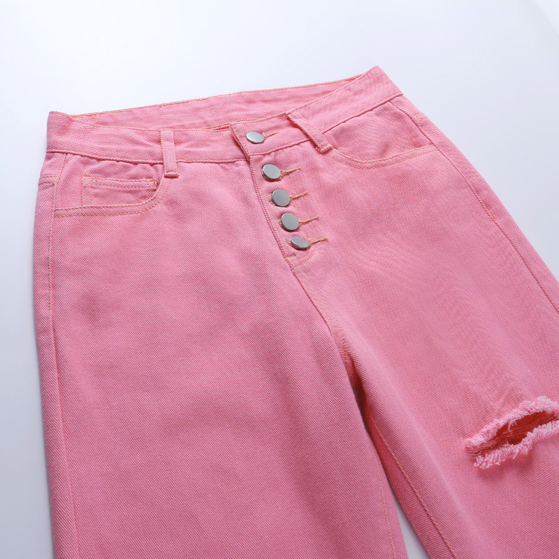 Pink Ripped High Waist Straight Wide Leg Jeans Women