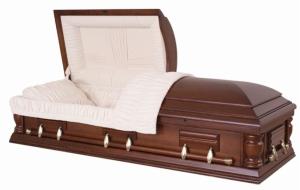 Quality Semi Gloss Solid Wood Coffins , Mahogany Wooden Coffin With Almond Velvet Interior wholesale