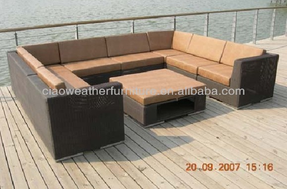 Garden Three Seater Aluminum Wood Canopy Rattan Woven Sofa without Folded Design in Fabric Cushion and Foam