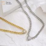 Love Diamond Zircon Charm Heart Pendant Necklace Stainless Steel Cuban Link