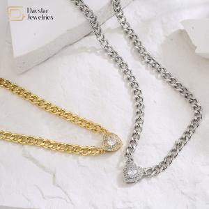 Quality Love Diamond Zircon Charm Heart Pendant Necklace Stainless Steel Cuban Link Chain wholesale