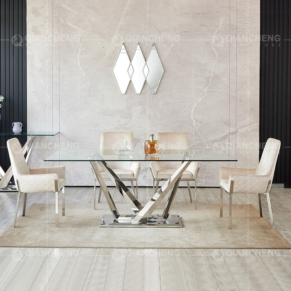 Qiancheng 0.4cbm Glass Dining Sets 6 Chairs 200cm Dining Table And Chairs