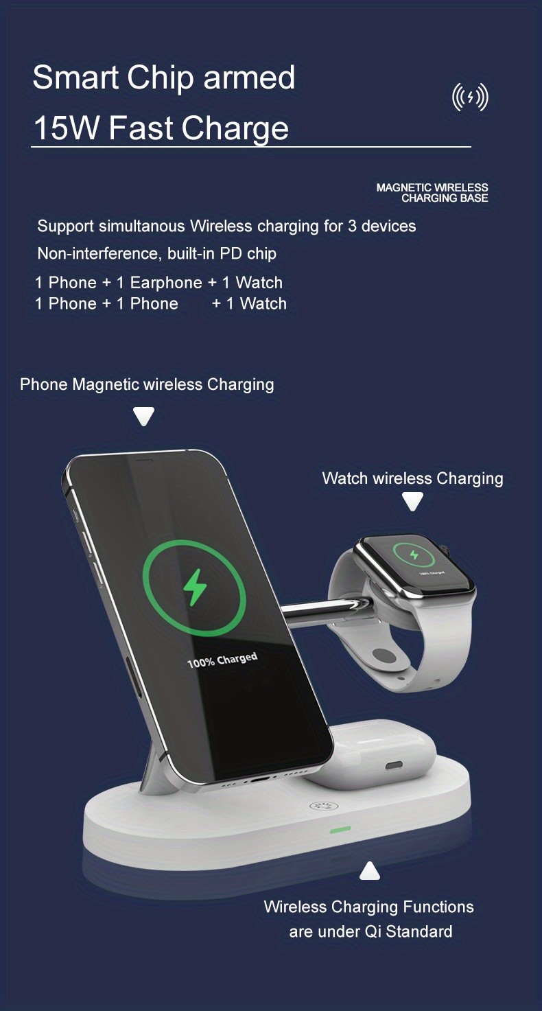 Multi-functional Magnetic Wireless Charging Station With Night Light For Qi Phones & Earbuds