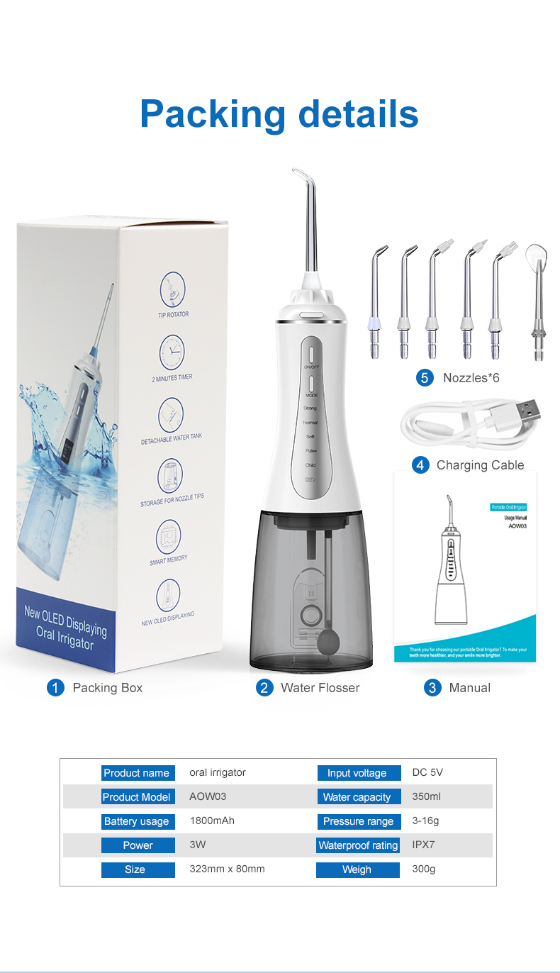 Portable Electric Oral Dental Flosser Waterproof Rechargeable 5 Modes
