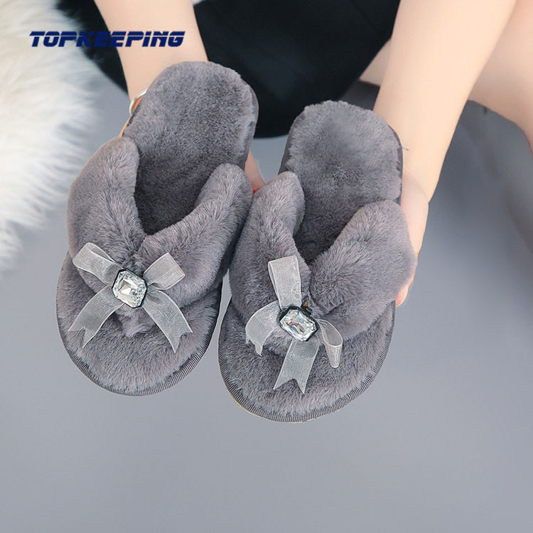 EVA Sole Ladies Fluffy Slider Slippers With Diamond Decoration