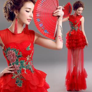 Quality Chinese Style Improved Red Crepe Peony Embroidery Gorgeous Evening Dress TSJY116 wholesale