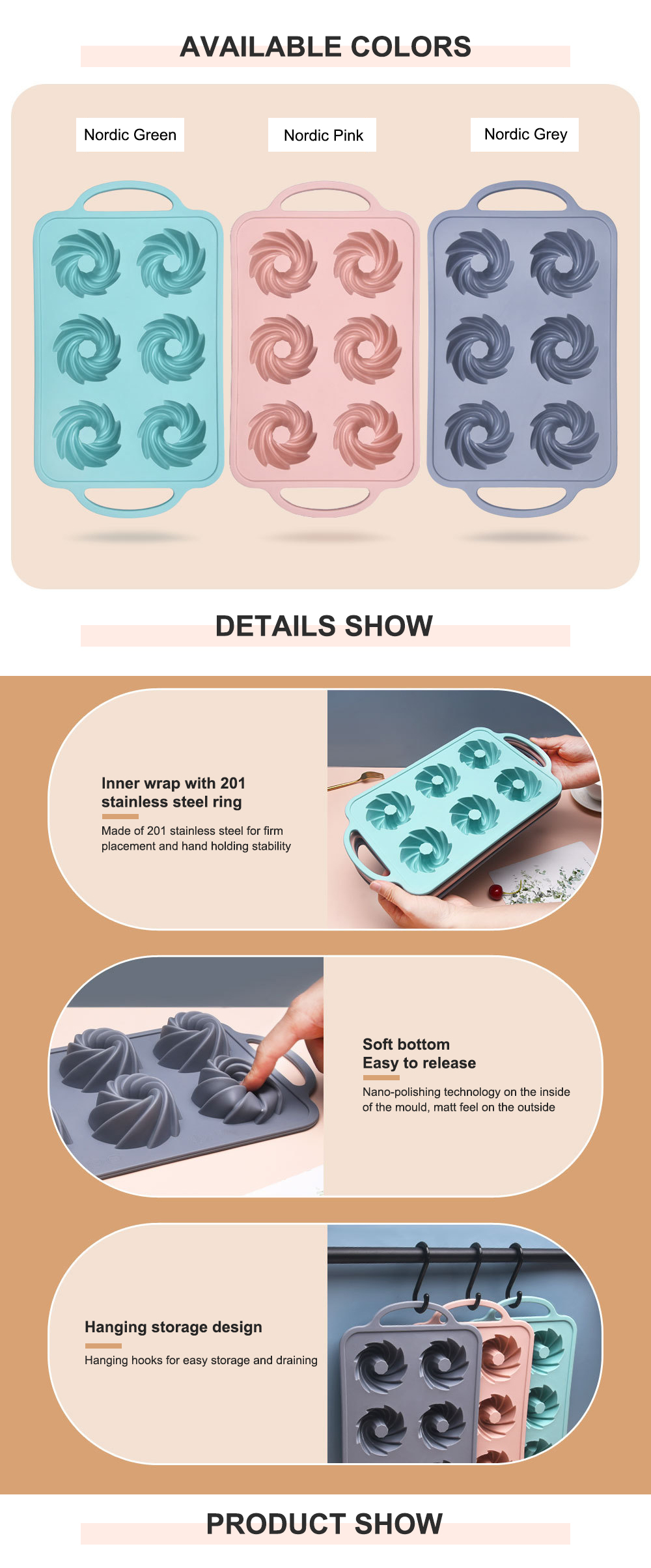 Heat Resistant 6 Cavity Silicone Baking Mold With Iron Handle