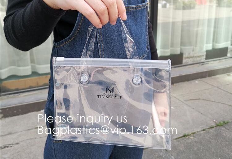 Vinyl Transparent PVC Gusset Bag Plastic Tote Shopping Bag For Packaging TPU Laser Makeup Handbag PVC Cosmetic Shopping