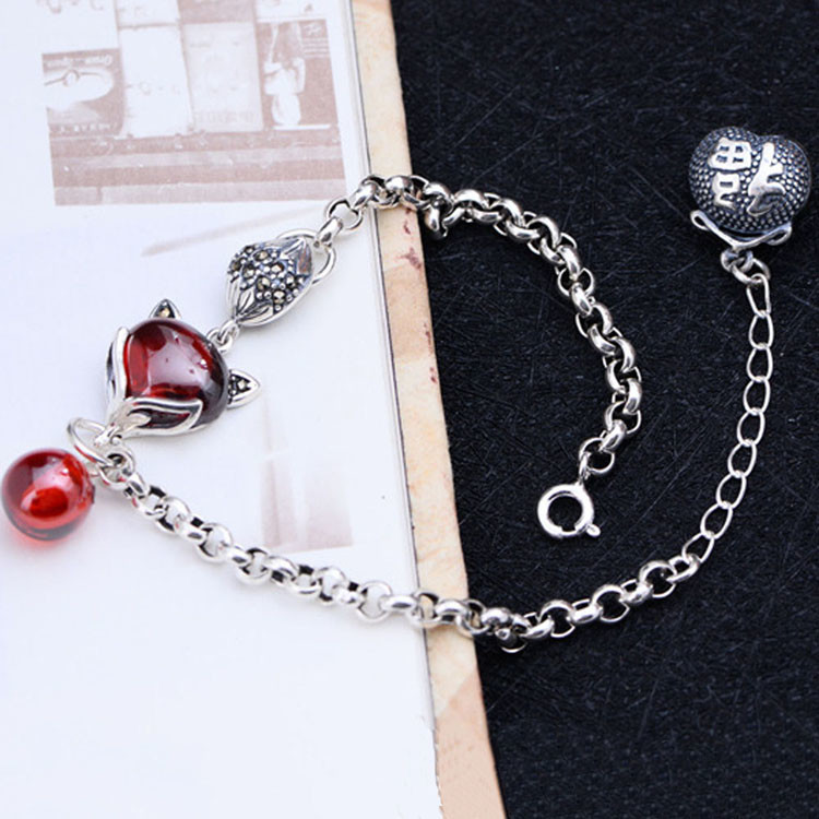 925 Sterling Silver Synthetic Garnet Fox Charm Link Bracelets(B20180411084)