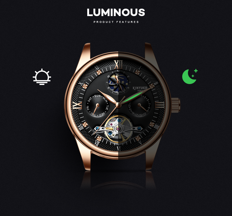 KINYUED genuine leather tourbillon mens automatic watch men moon phase watch men wristwatch
