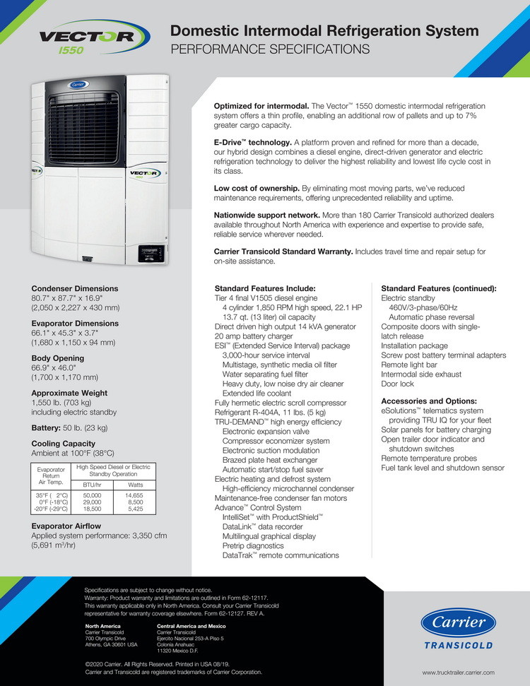 vector 1550 Carrier Carrier refrigeration unit refrigerator cooling system freezer equipment reefer truck van trailer
