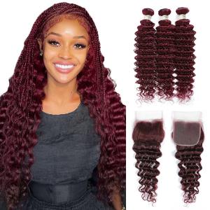 Quality Ombre 99J Glueless Burgundy Wig Human Hair Extensions Deep Wave wholesale