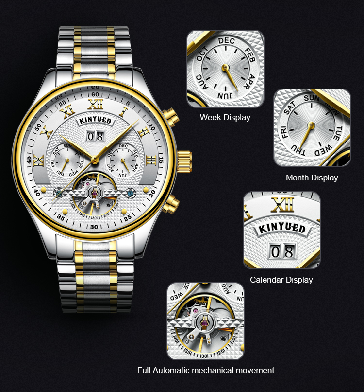 KINYUED Brand Two-Tone Gold Silver Case Automatic Movement Solid Stainless Steel Strap Waterproof Mechanical Men's Watch