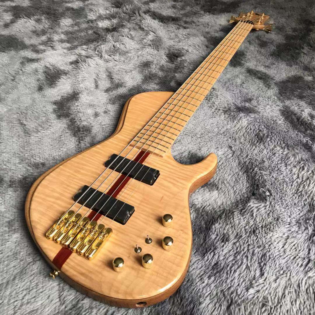 Custom Flamed Maple Top Neck Through Body 6 Strings 24 Frets Active Pickup Electric Bass Guitar