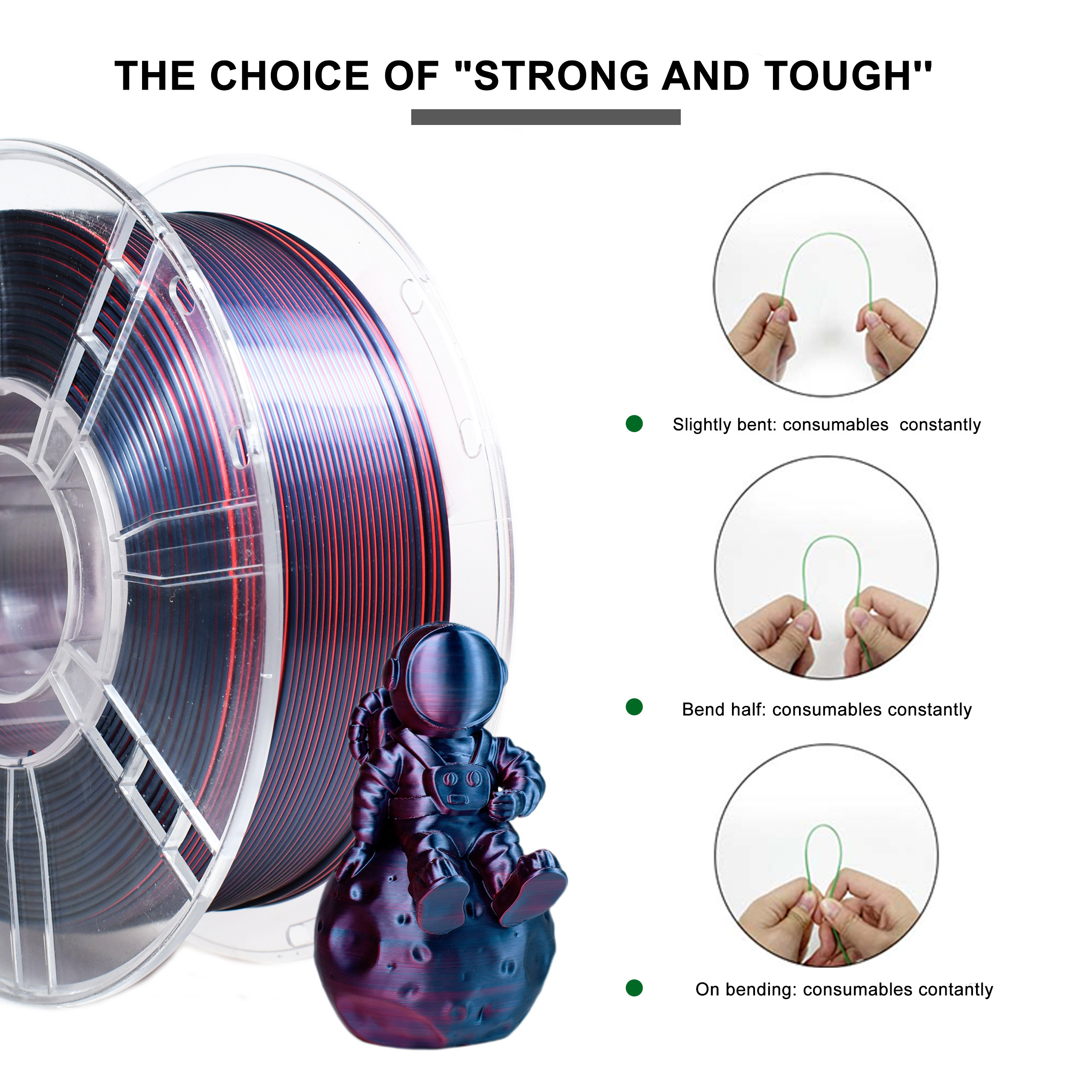 Silk Tri-color Black Purple Red PLA+ Filament for 3D Printing Filament 1.75mm