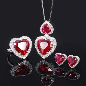 Quality 925 Sterling Silver Wedding Jewelry Set Simulated Ruby Diamonds Pendant Ring Earrings Heart wholesale