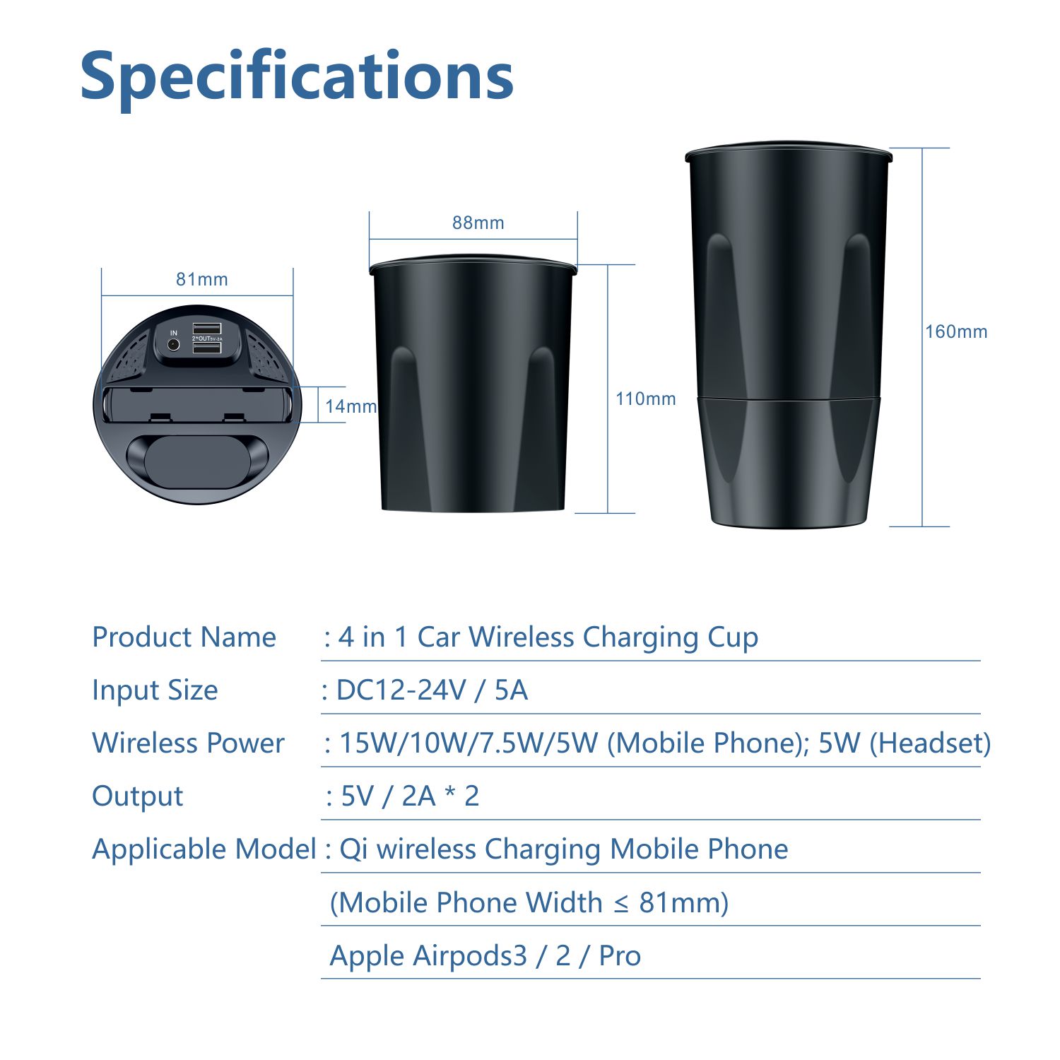 Black Color ABS Material Car Wireless Charger Charging Frequency 110-205KHz