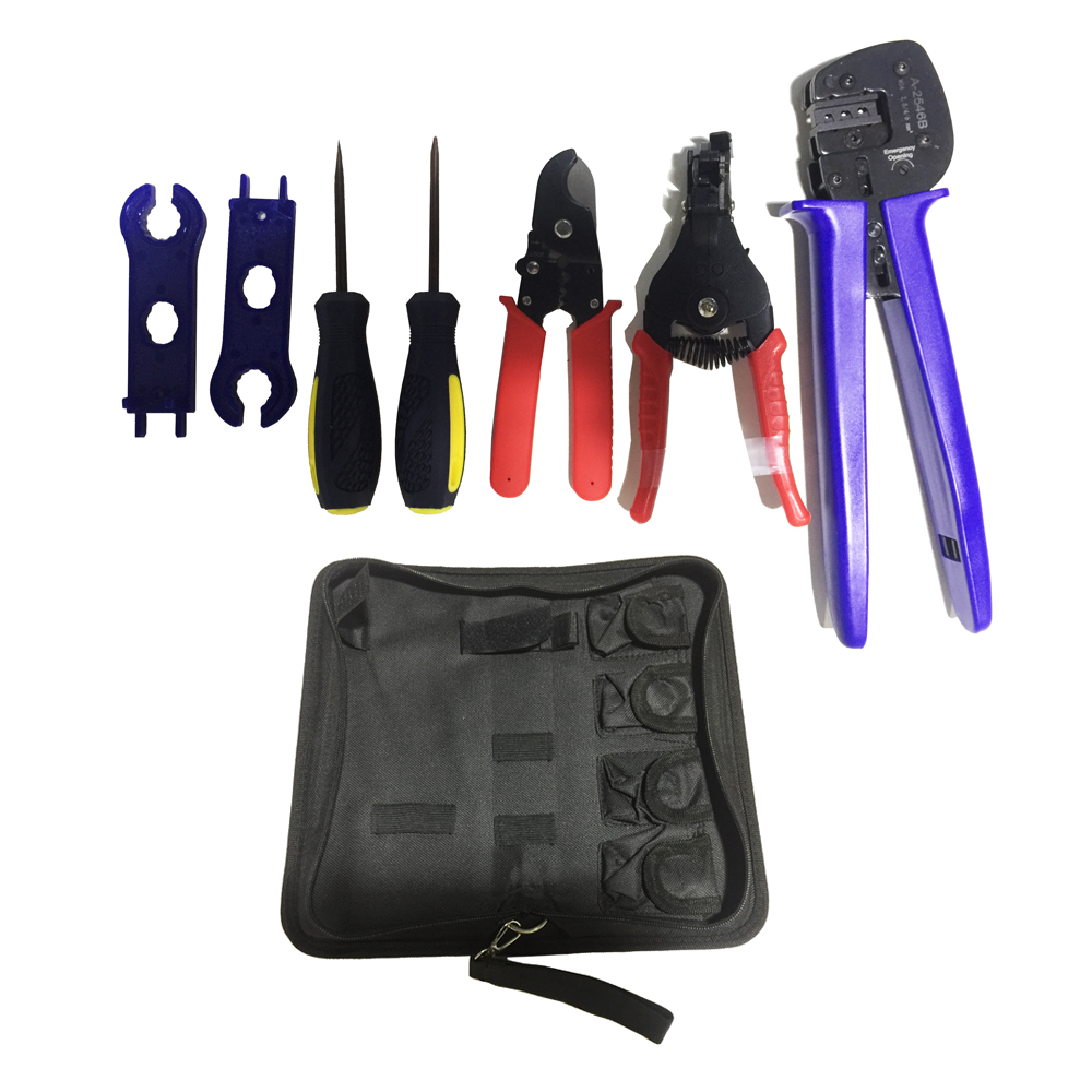 MC 4 Solar PV Hand Tool Set Kit Bag Hardware Tool Crimping Plier Wire Cutting Cable Stripper Spanner Screwdriver for Sol