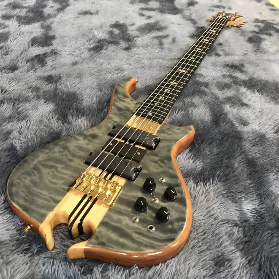 Custom Alem Style Mark King 5 Omega Cut Bottom Shape Neck Through Body Flamed Maple Top 5 Strings Bass Guitar
