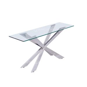 Quality Qiancheng Glass Transparent Console Table Mirrored Chrome Stainless Steel Sofa Table wholesale