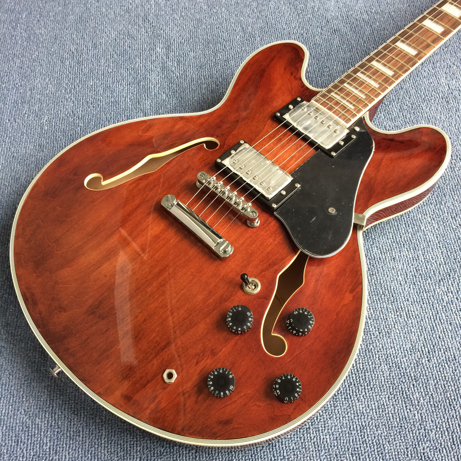Hollow body jazz electric guitar, Double F holes Chestnut skin electric guitar