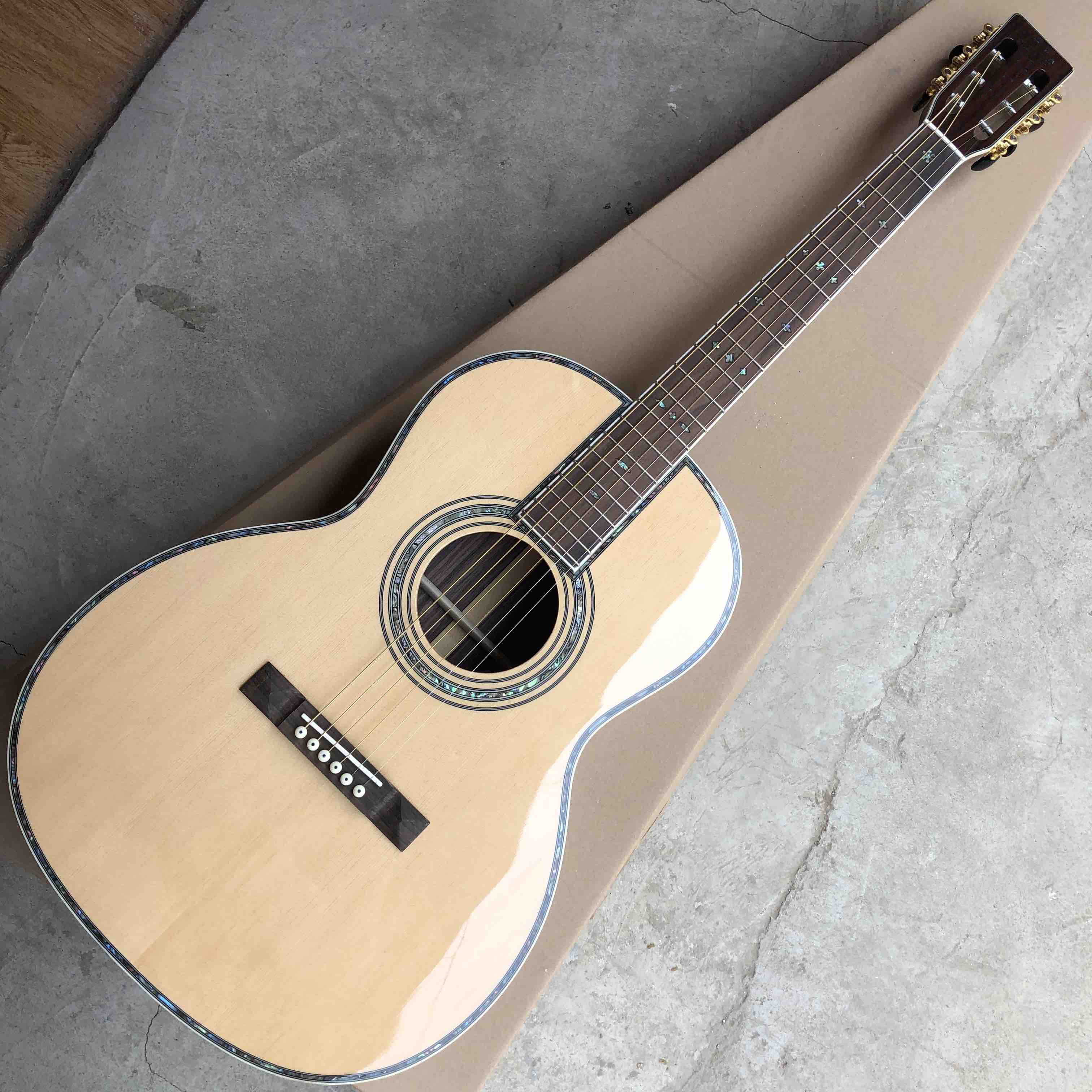 OEM custom acoustic guitar OOO body shape Guitar solid Spruce top real abalone binding and ebony fingerboard