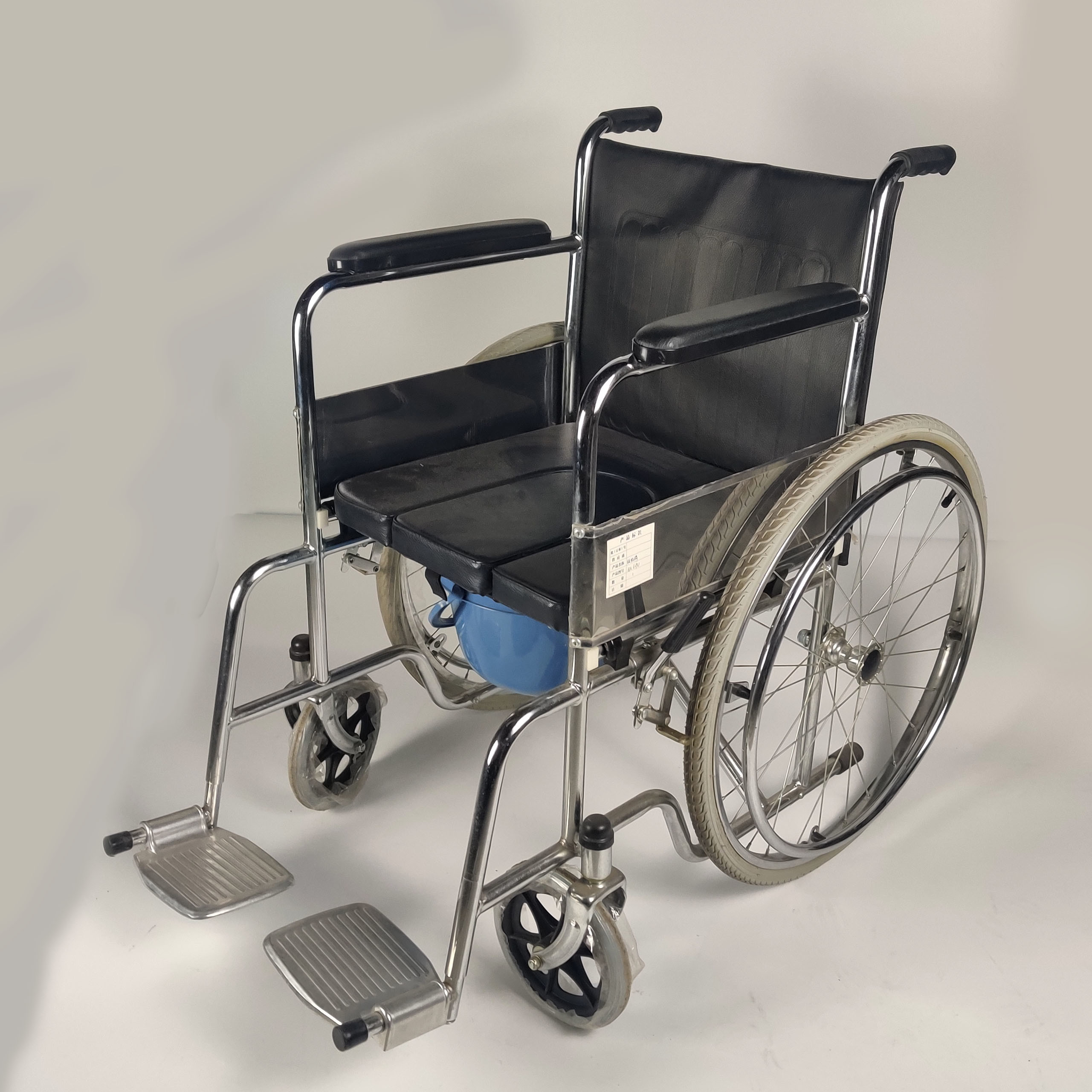 Commode Seat Foldable Steel Wheelchair With Solid Castor And Rear Wheel