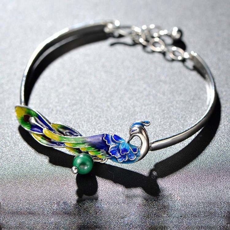 925 Sterling Silver Bangle Bracelet with Colorful Enamel Phoenix Charm (B6050601)