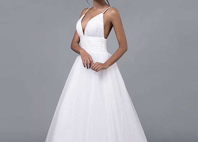 Tulle Simple A Line Wedding Dresses Straps Deep V Neck Backless Pleating Zipper