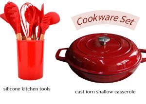 Quality Red Enamel Cast Iron Shallow Casserole With Silicone Cutlery Sets wholesale