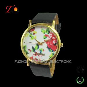 Quality Vogue and classic design colorful leather band for women with flower rose dial wholesale
