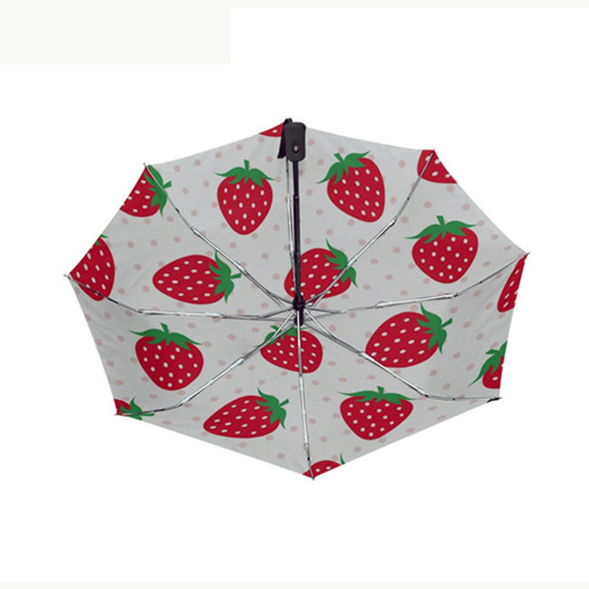 Compact 3 Folds Strawberries Pongee Umbrella With 8 Ribs And Automatic Open / Close