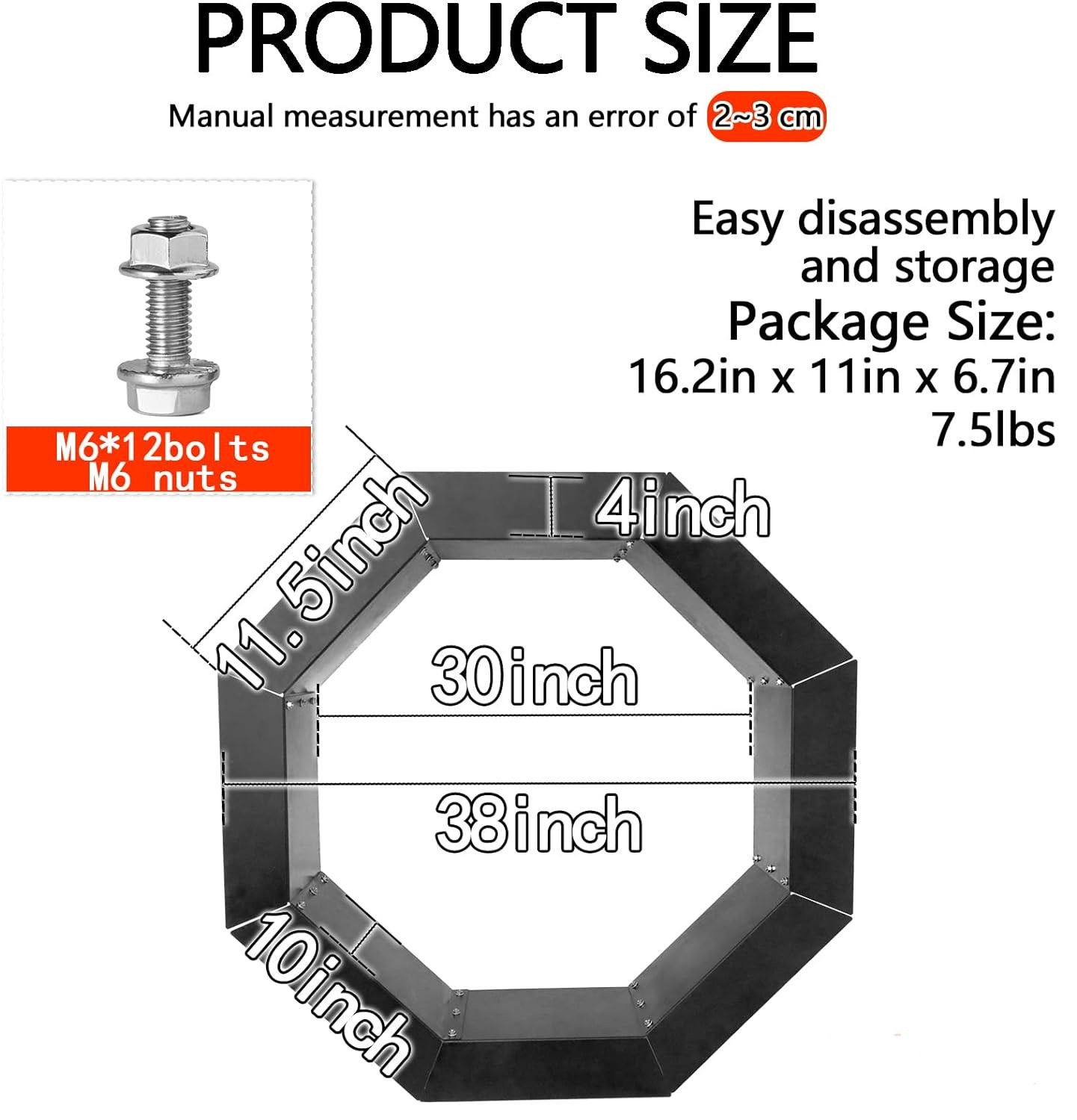 Heavy Duty Steel DIY Campfire Fire Pit Insert Ring Liner Octagon 38" Outer 30" Inner for Outdoor Patio Backyard Wit