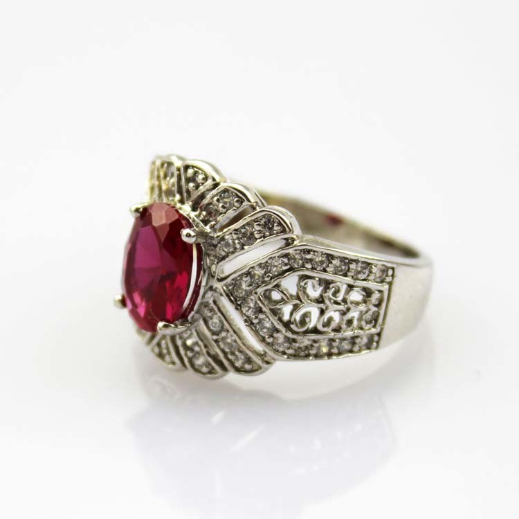 Solid 925 Silver Ring with 7x9mm Oval Created Amethyst Cubic Zirconia(JY037)