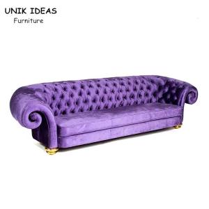 Quality Purple Velvet 3 Seats Button Tufted Sofa Wood Frame Club Lounge Sofa wholesale
