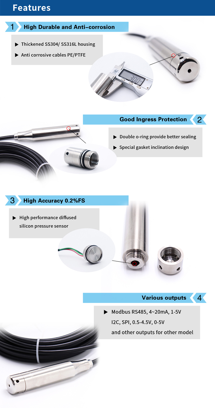 4-20mA 0.5-4.5v Water Level Transmitter With RS485 Hydraulic Level Sensor