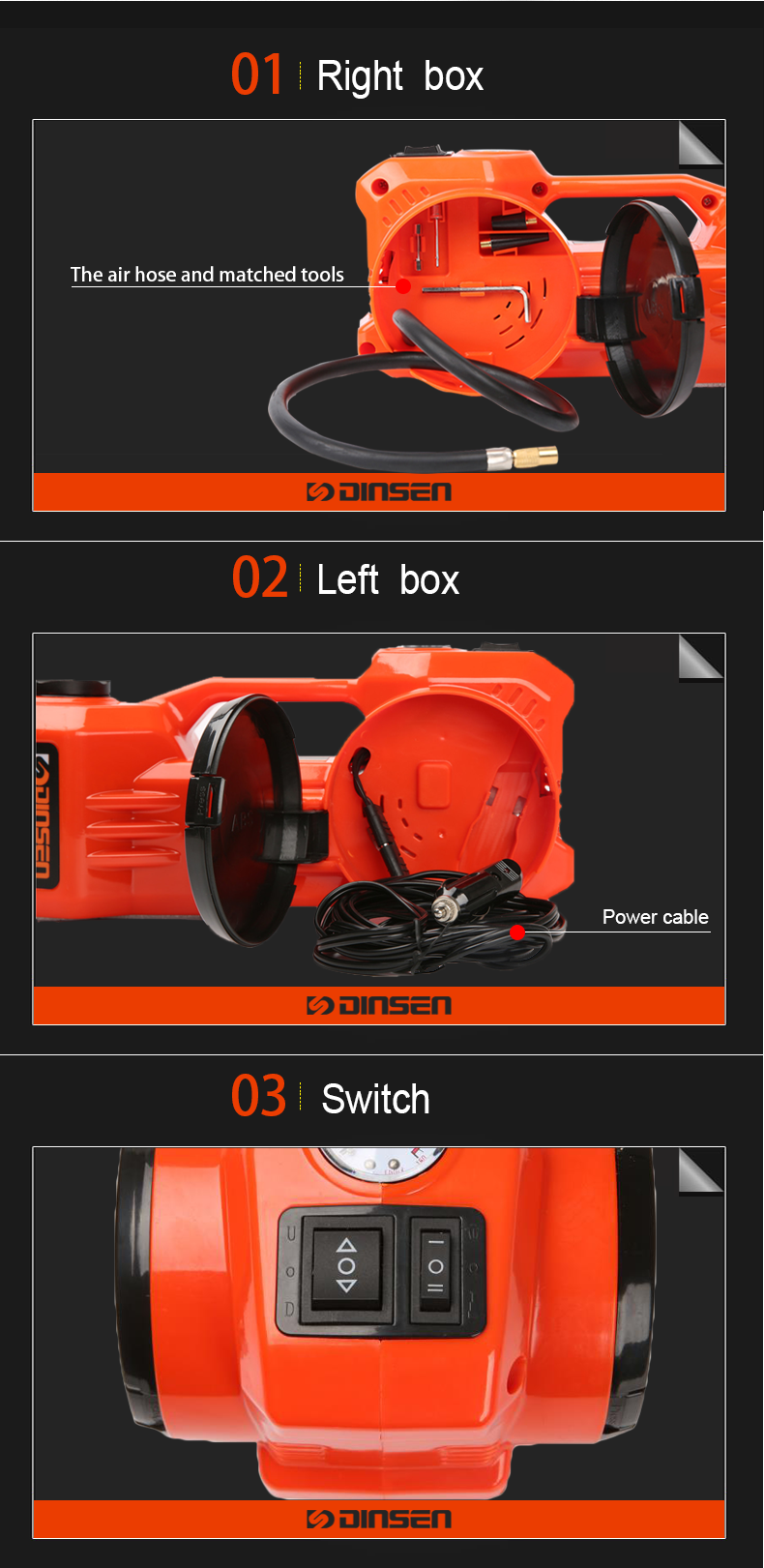 dinsen portable handle electric jack with tyre inflator pump
