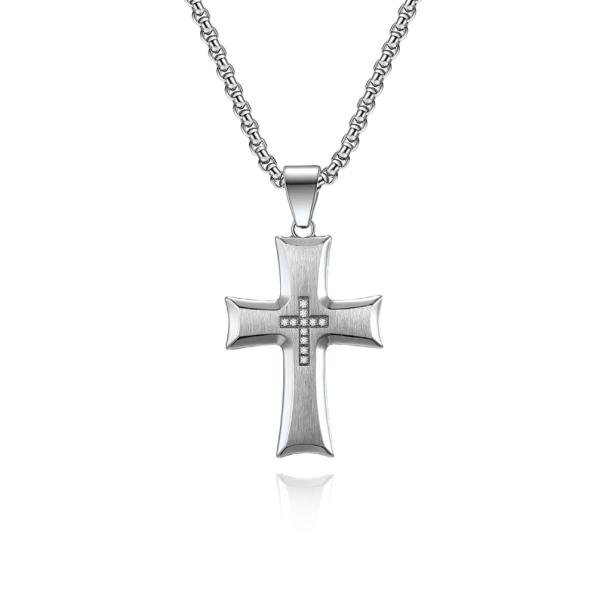 Simple Style Satin Stainless Steel Cross Pendant Necklace with Cross Shape