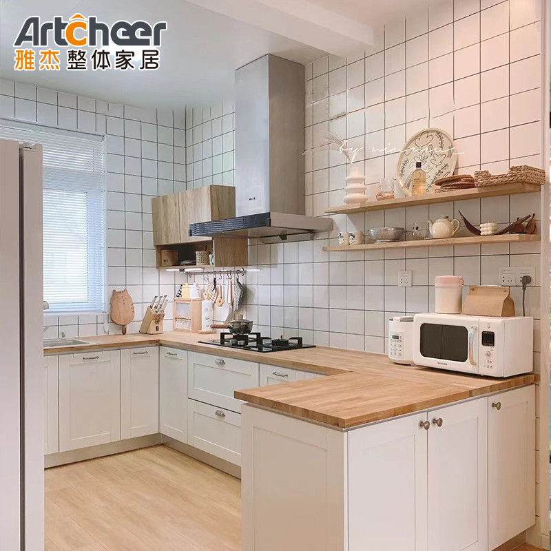 E0 Modular Kitchen Cabinets 2022 Solid Wooden Top Trends with Stainless Steel Countertop