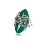 925 Vintage Sterling Silver Marcasite Ring with Green Onyx (R111704)