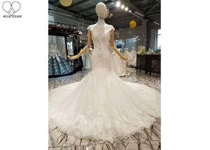 Quality Off White Ladies Bridal Gown / Sleeveless Fishtail Wedding Gown Beaded Lace wholesale