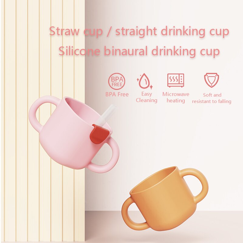 Orange BPA Free Silicone Handle Feeding Bottle Baby Sippy Cup With Straw For Kids